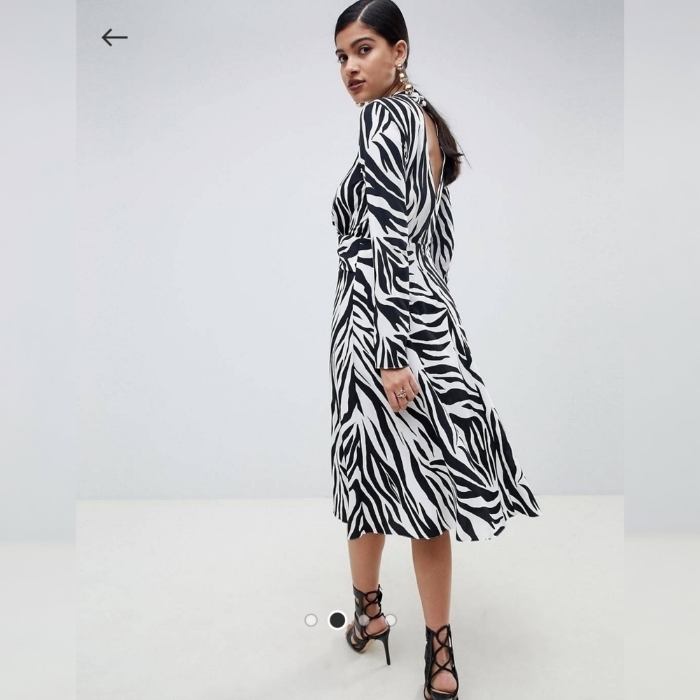 Zebra Patterns Flared Long Sleeves High-Neck Dress - Picture 2 of 15